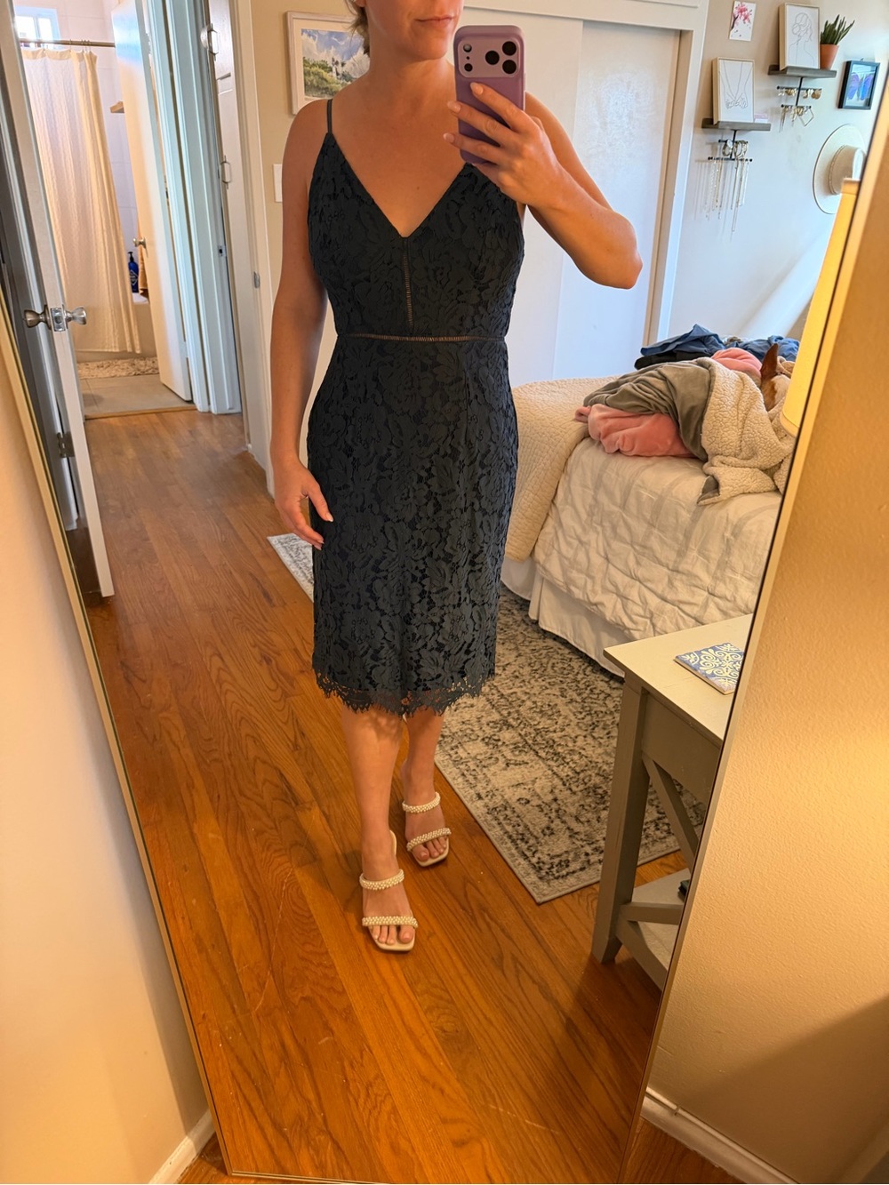 ASTR Navy Lace V-Neck Spaghetti Strap Midi Dress Small